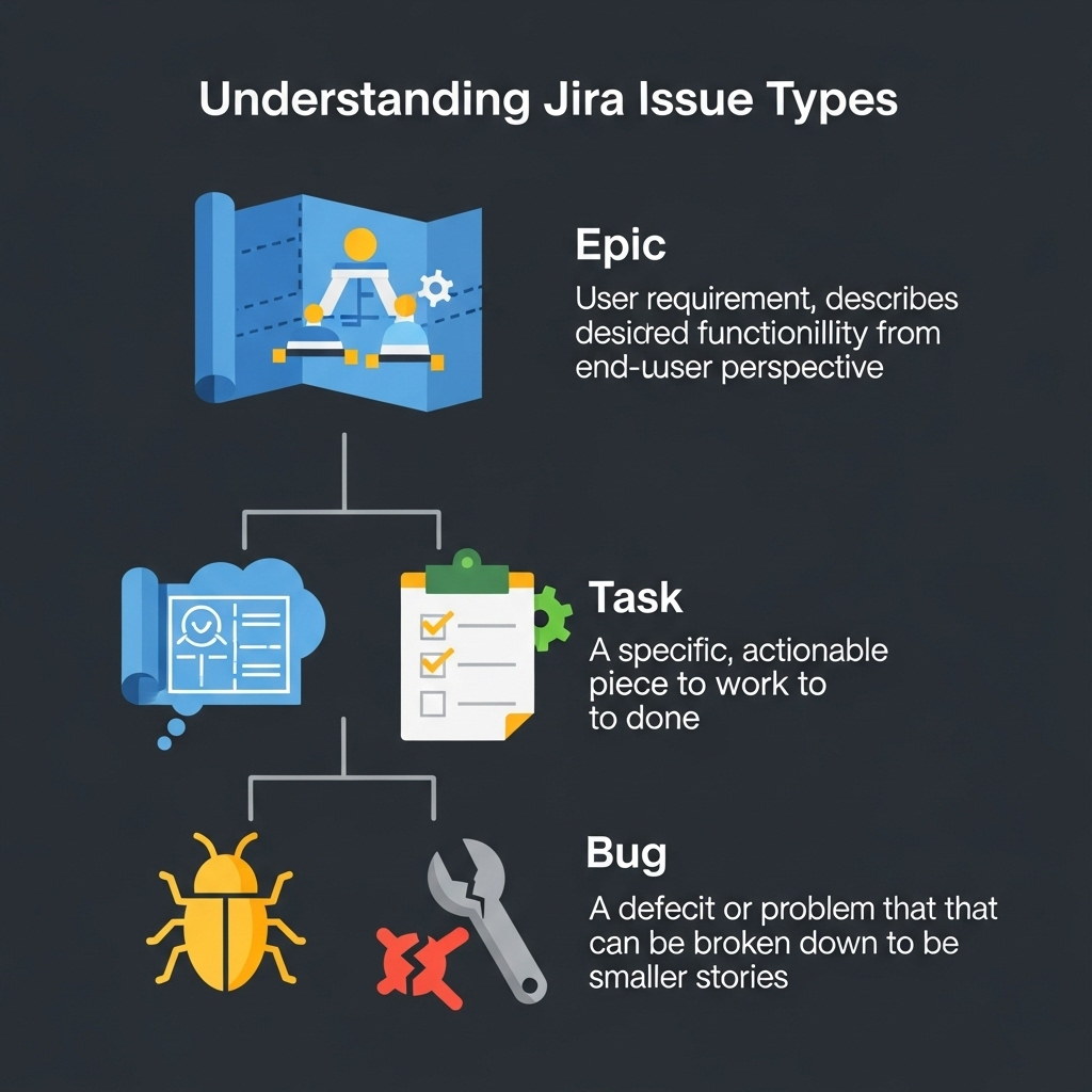 understanding jira issuea types, task, epic,bug